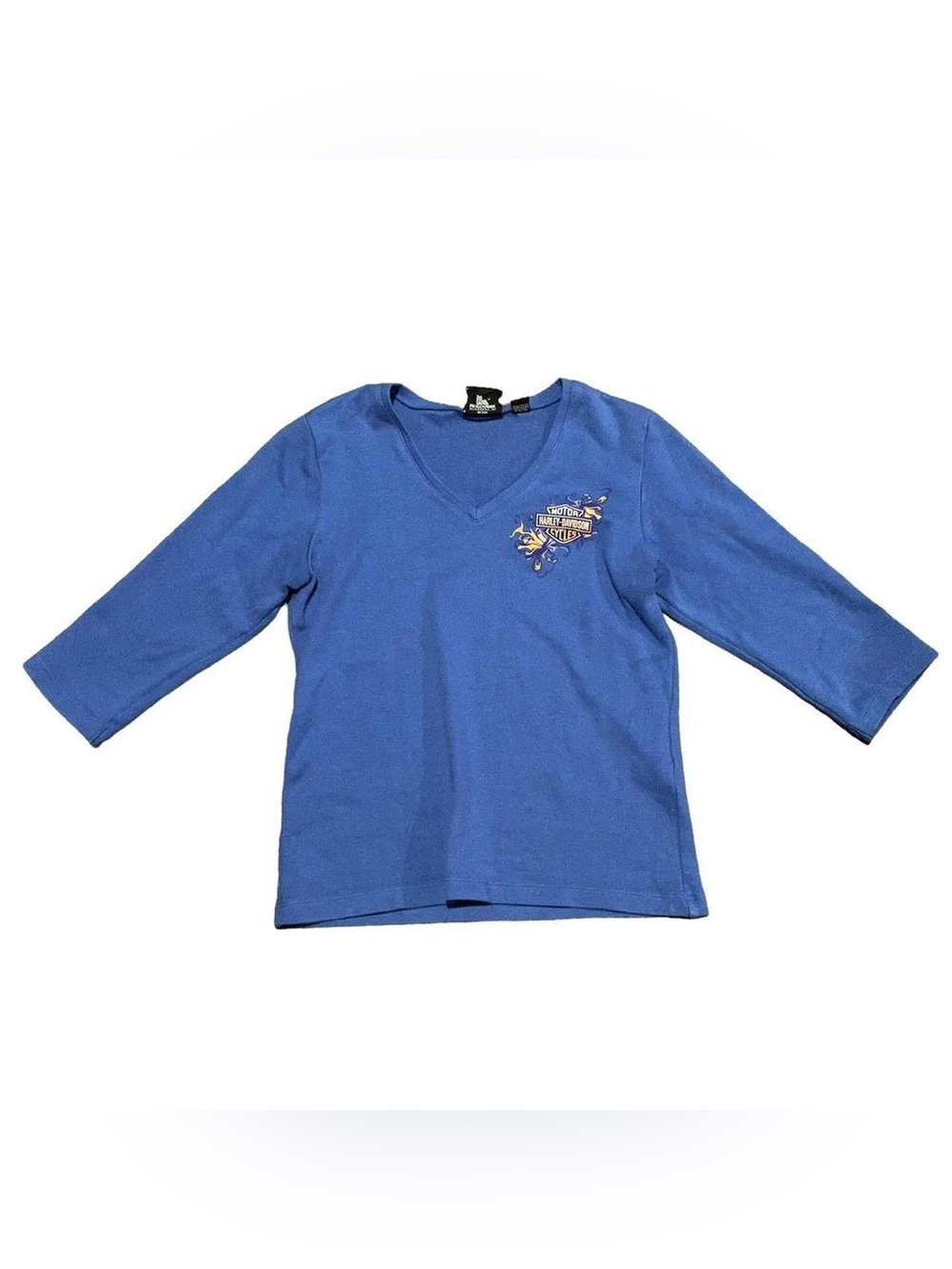 Harley Davidson Vintage Women Blue Yellow V-Neck Graphic 3/4 Sleeve T-Shirt Sz S